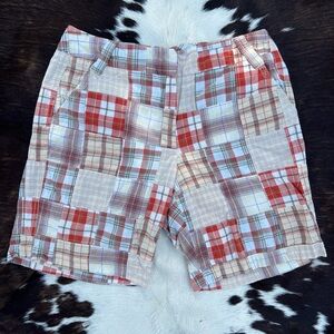 Larry Levine 100% cotton orange yellow brown and cream plaid patchwork shorts